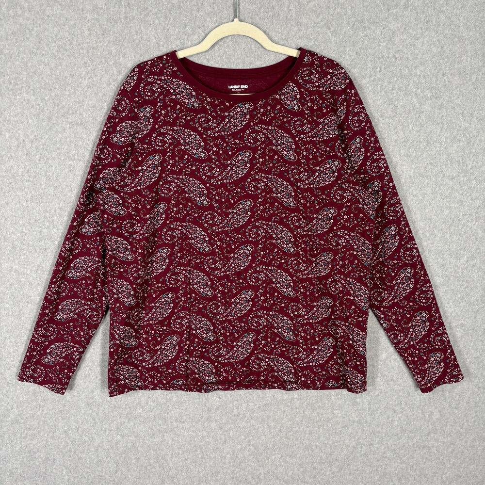 Lands End Shirt Women Large Burgundy Floral Paisley Long Sleeve Relaxed Fit Knit